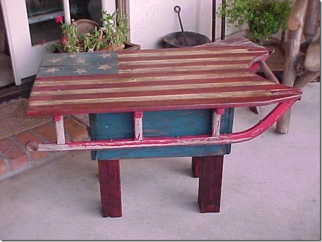 19th Century Antique Sled converted into a side Table / Folk Art American Flag